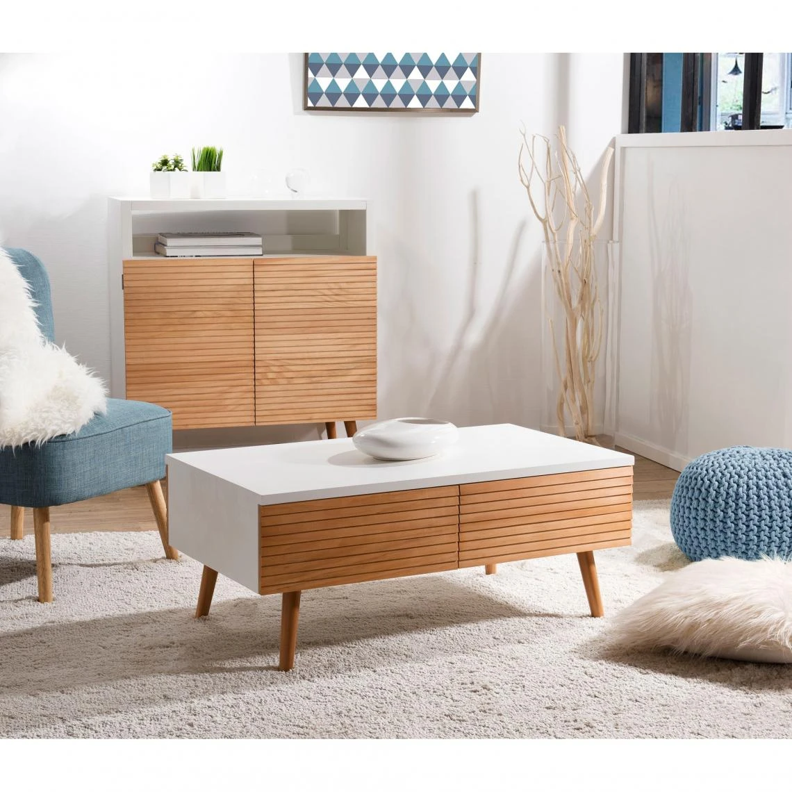 MACABANE Table Basse 4 Tiroirs Scandinave - Miel / Blanc 5 MACABANE Table Basse 4 Tiroirs Scandinave - Miel / Blanc – Image 3