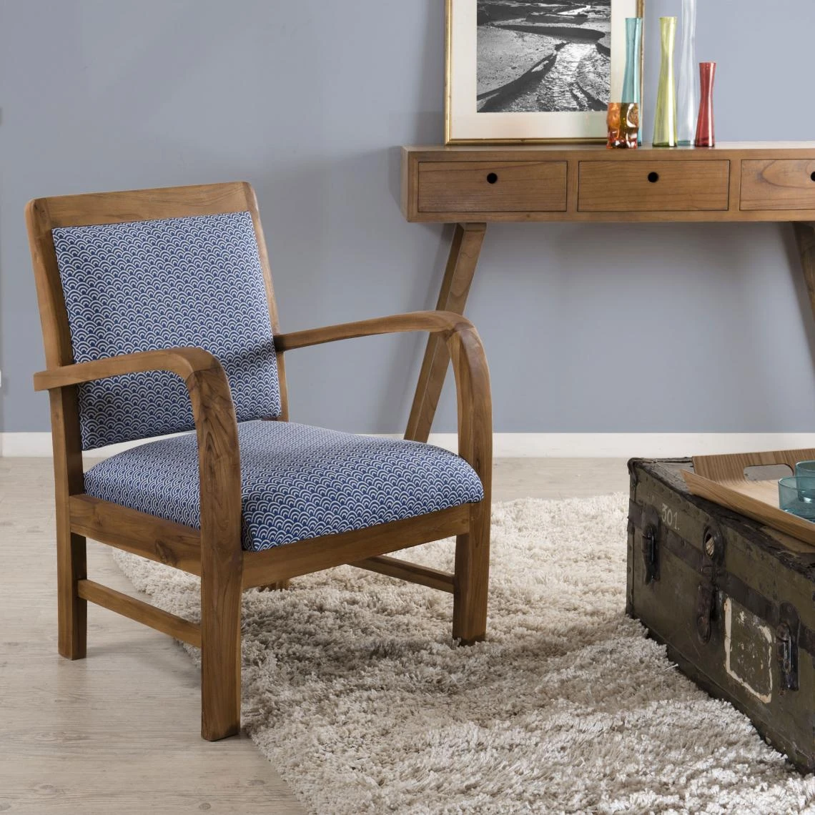 MACABANE Fauteuil En Teck Et Coton Imprimé Japonais Scandi - Imprimé 3 MACABANE Fauteuil En Teck Et Coton Imprimé Japonais Scandi - Imprimé