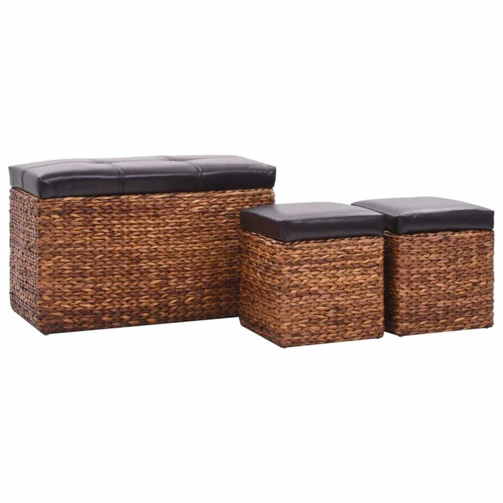 HELLOSHOP26 Banquette Pouf Tabouret Meuble Banc Avec 2 Poufs Jacinthe D'eau Marron... 4 HELLOSHOP26 Banquette Pouf Tabouret Meuble Banc Avec 2 Poufs Jacinthe D'eau Marron... – Image 2