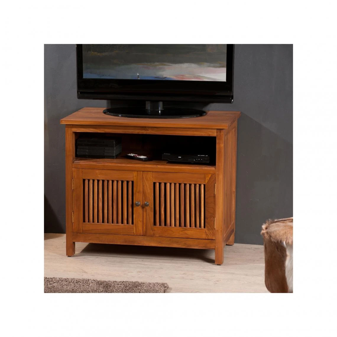 MACABANE Meuble TV 2 Portes Persiennes En Teck - Miel 3 MACABANE Meuble TV 2 Portes Persiennes En Teck - Miel