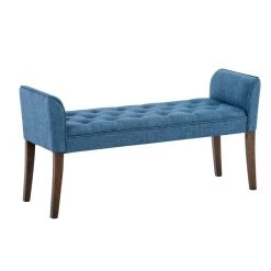 Decoshop26 Banc Banquette Capitonné En Tissu Bleu Avec Pieds En Bois Marron Fonc...