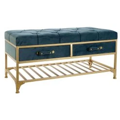 Pegane Banquette Avec 2 Tiroirs En Métal Coloris Bleu Et Pieds Doré- Longue...