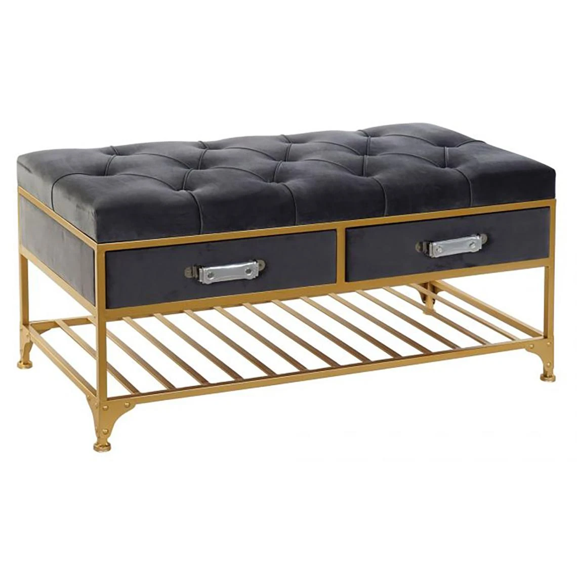 Pegane Banquette Avec 2 Tiroirs En Métal Coloris Gris Et Pieds Doré- Longue... 3 Pegane Banquette Avec 2 Tiroirs En Métal Coloris Gris Et Pieds Doré- Longue...