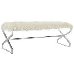 Pegane Banquette En Métal Coloris Blanc Et Pieds Argenté - Longueur 120 X P...