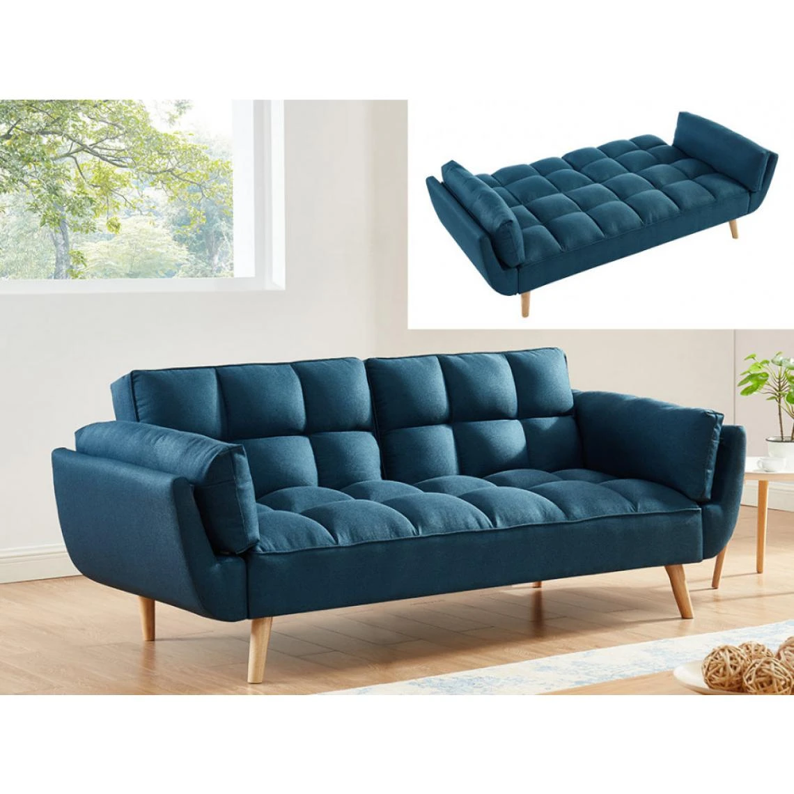 Vente-unique Canapé 3 Places Convertible Clic-clac En Tissu LOELINE - Bleu 5 Vente-unique Canapé 3 Places Convertible Clic-clac En Tissu LOELINE - Bleu – Image 3