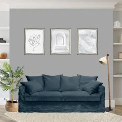 MES Canapé 4 Places Fixe En Tissu Lin Bleu Ardoise - PERUGIA