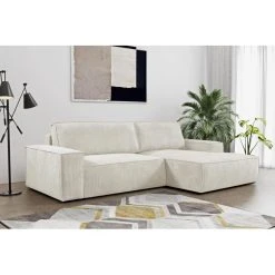 Vente-unique Canapé D'angle Convertible En Velours Côtelé Beige AMELIA - Angle D...