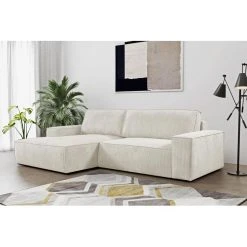 Vente-unique Canapé D'angle Convertible En Velours Côtelé Beige AMELIA - Angle G...