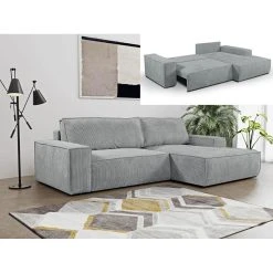 Vente-unique Canapé D'angle Convertible En Velours Côtelé Gris Clair AMELIA - An...