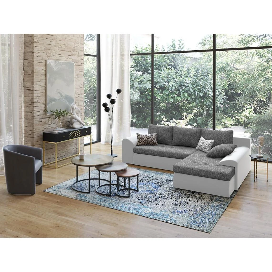 Vente-unique Canapé D'angle Réversible Et Convertible En Tissu Et Simili Gris Ch... 3 Vente-unique Canapé D'angle Réversible Et Convertible En Tissu Et Simili Gris Ch...