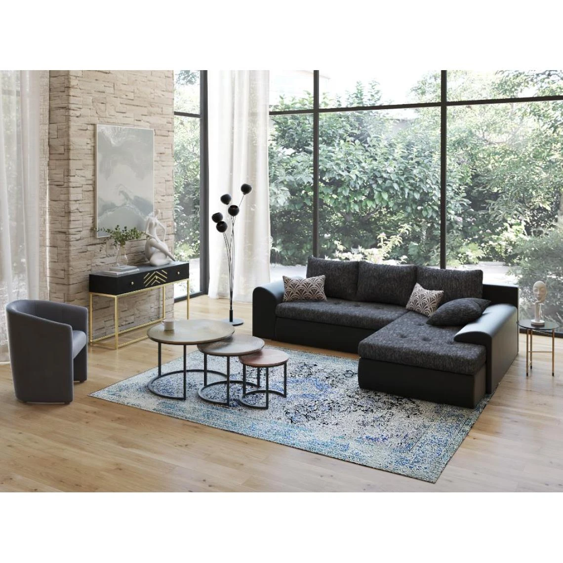 Vente-unique Canapé D'angle Réversible Et Convertible En Tissu Et Simili Gris Chi... 3 Vente-unique Canapé D'angle Réversible Et Convertible En Tissu Et Simili Gris Chi...