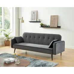 Baita Canapé Convertible SWEETY Droit En Velours Gris Pieds Métal Noir Et ...