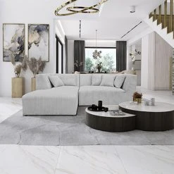 MES Canapé D'angle à Gauche 244 Cm En Velours Côtelé Gris Clair - PENN...