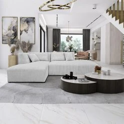 MES Canapé D'angle à Gauche 270 Cm En Velours Côtelé Gris Clair - PENN...