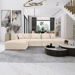 MES Canapé D'angle à Gauche 352 Cm En Velours Côtelé Beige - PENNY