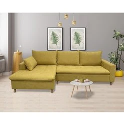 MES Canapé D'angle à Gauche Fixe En Tissu Microfibre Jaune - MERIBEL