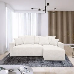 MES Canapé D'angle Convertible Réversible 232 Cm En Tissu Bouclettes Bla...