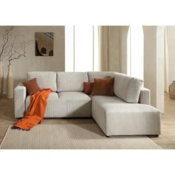 Lisa Design Canapé D'angle Droit Convertible 5 Places LIVY - Velours Côtelé Bei...