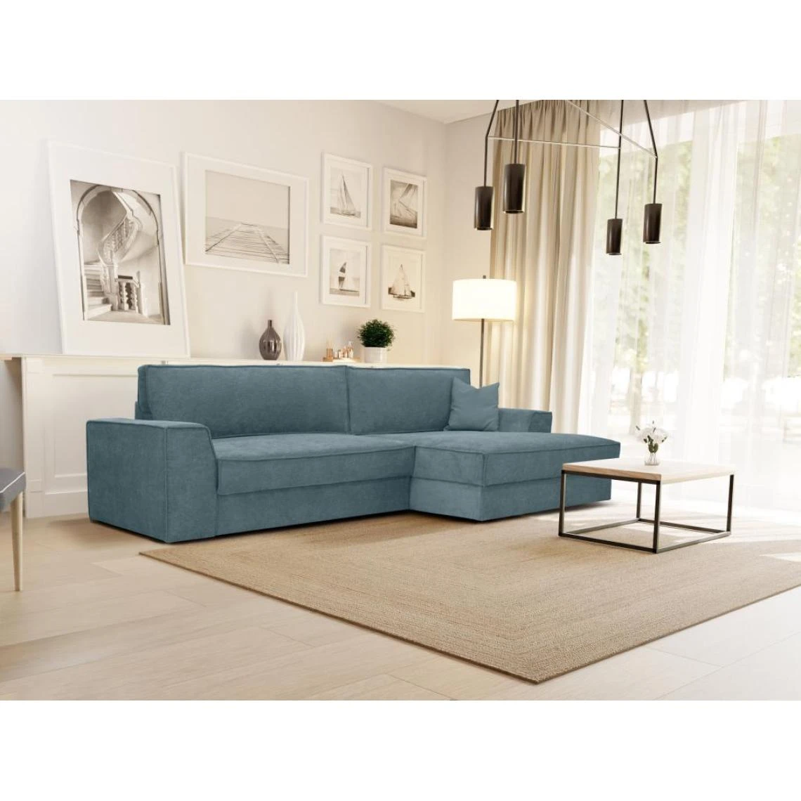 Vente-unique Canapé D'angle Droit Convertible En Tissu Bleu AXELLE 3 Vente-unique Canapé D'angle Droit Convertible En Tissu Bleu AXELLE