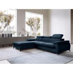 Vente-unique Canapé D'angle Gauche Convertible En Velours Bleu Nuit SAMARA