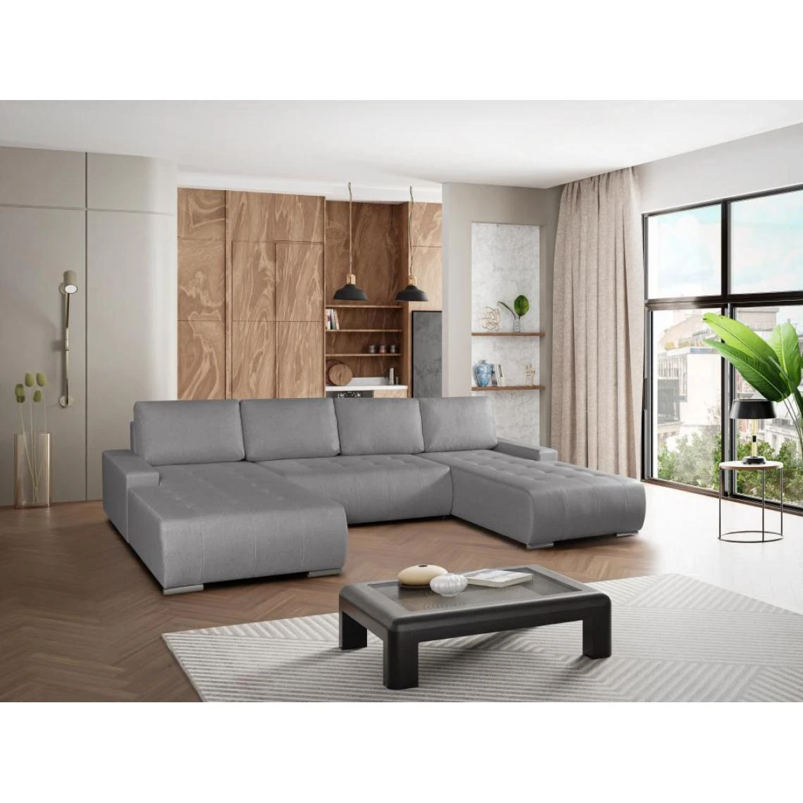 Vente-unique Canapé D'angle Panoramique Convertible En Tissu Gris LEANZA 3 Vente-unique Canapé D'angle Panoramique Convertible En Tissu Gris LEANZA