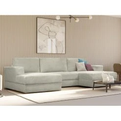 Vente-unique Canapé D'angle Panoramique Convertible En Velours Côtelé Gris CURIP...