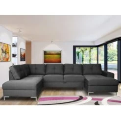 Vente-unique Canapé D'angle Panoramique Convertible JENSEN En Tissu - Anthracite -...