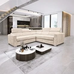 MES Canapé D'angle Réversible En Velours Côtelé Beige - ELOAH