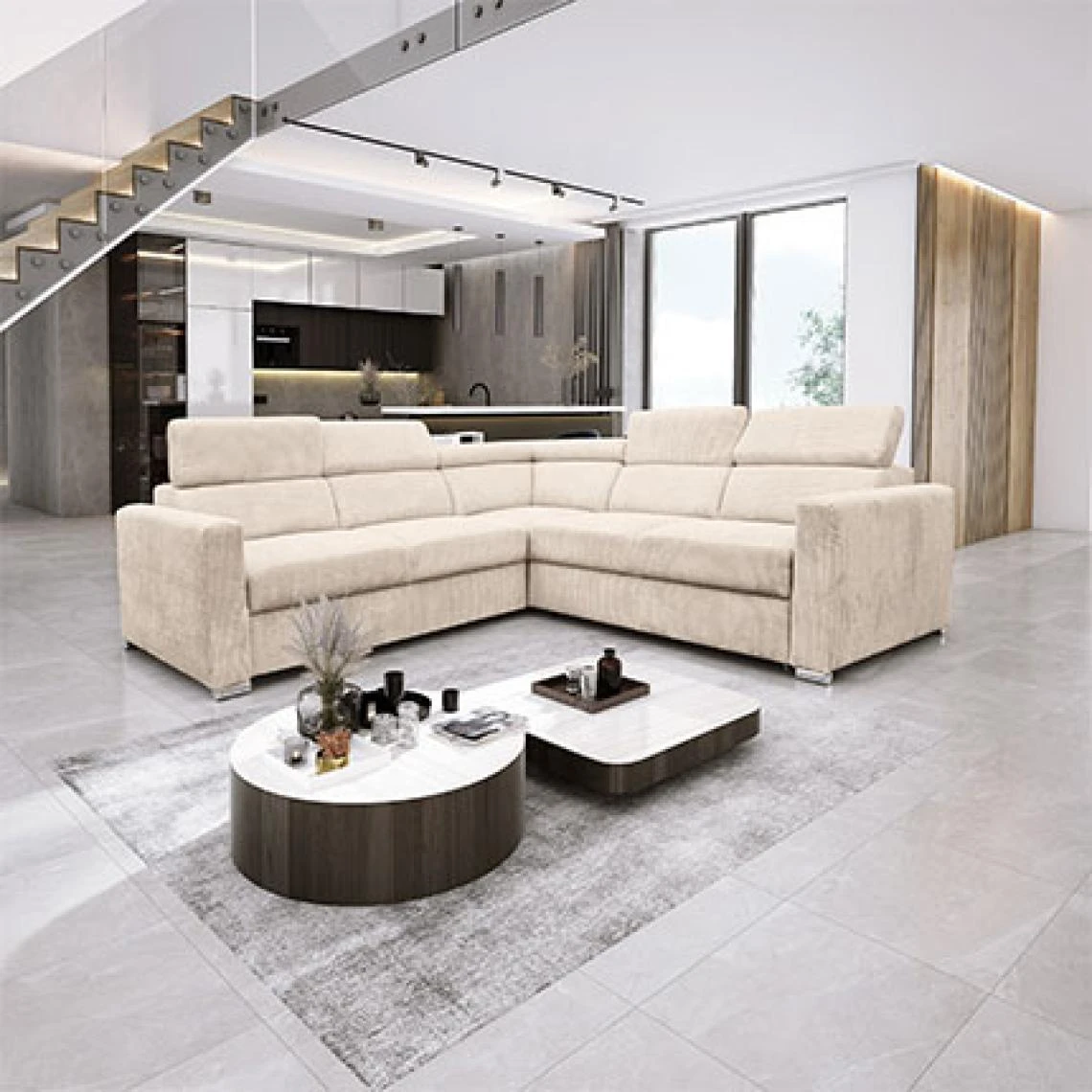 MES Canapé D'angle Réversible En Velours Côtelé Beige - ELOAH 3 MES Canapé D'angle Réversible En Velours Côtelé Beige - ELOAH