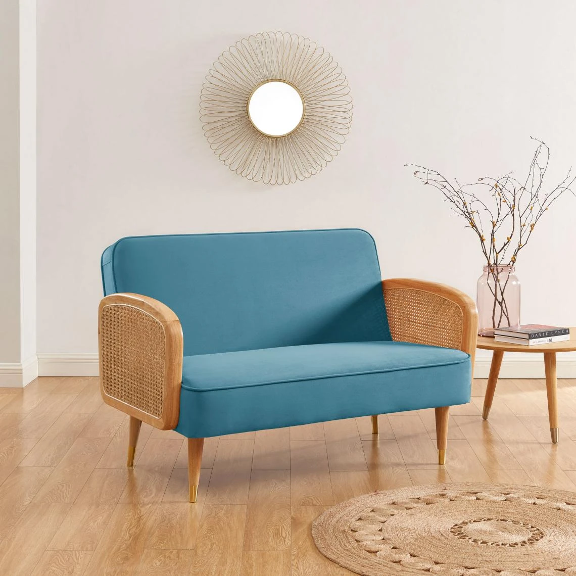 Baita Canapé Droit SILA Fixe 2 Places Cannage Et Velours Bleu 4 Baita Canapé Droit SILA Fixe 2 Places Cannage Et Velours Bleu – Image 2