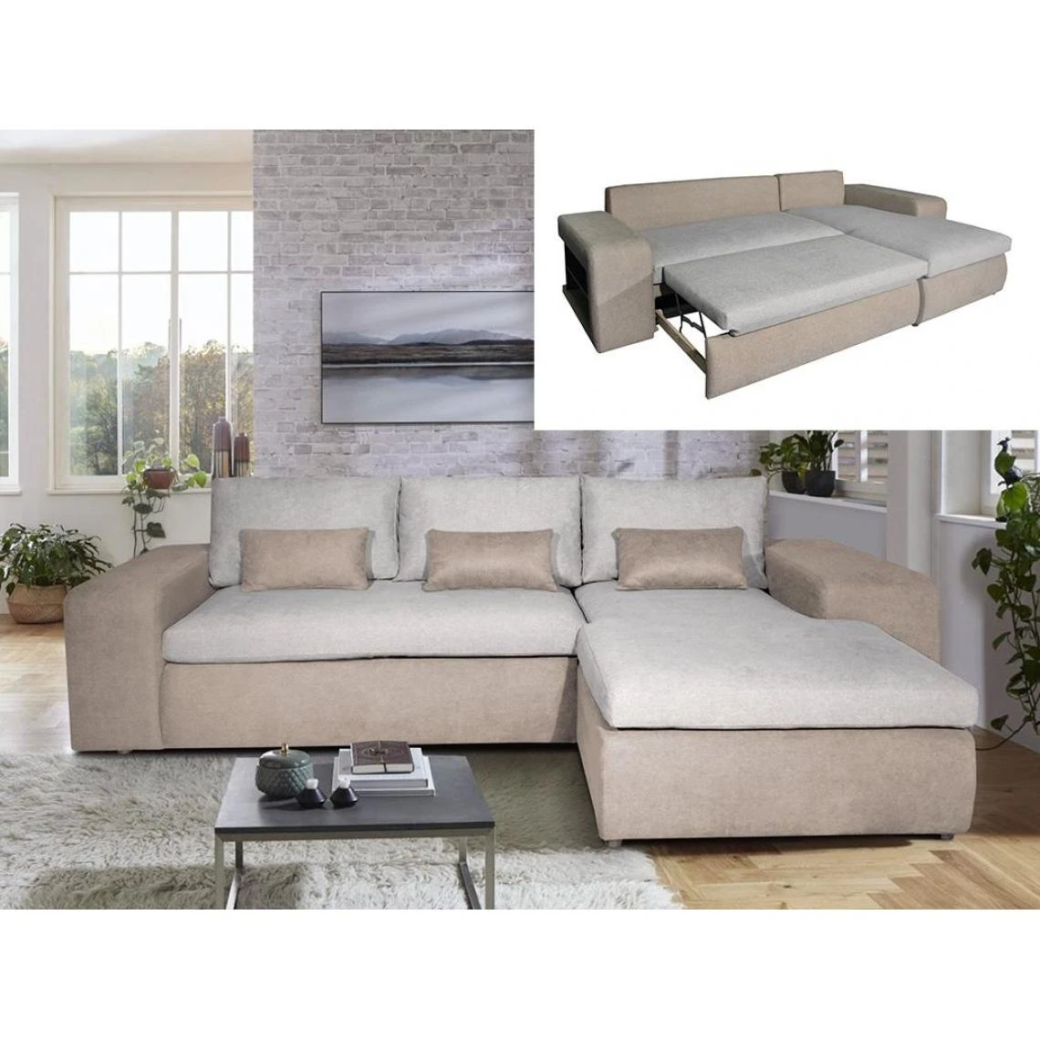 Vente-unique Canapé D'angle Droit Convertible En Tissu Beige ISIDORE 3 Vente-unique Canapé D'angle Droit Convertible En Tissu Beige ISIDORE