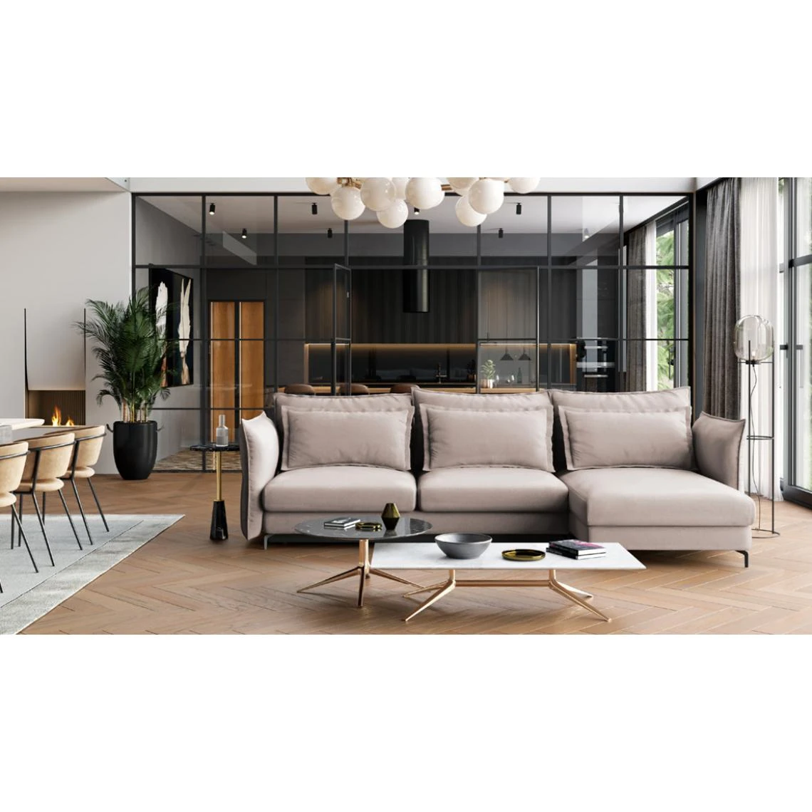 Maison Aubertin Canapé Velours Angle Droit Beige Verduro - 3 Places 3 Maison Aubertin Canapé Velours Angle Droit Beige Verduro - 3 Places