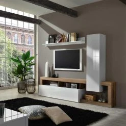 Tousmesmeubles Composition TV 1 Colonne Blanc Laqué Brillant/Chêne Noisette - ISCHI... -Vente-unique shop composition tv 1 colonne blanc laque brillantchene noisette ischia 12502978 33407076 1140x1140