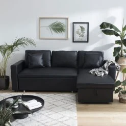 Happy Garden Canapé D'angle Convertible Simili Cuir CLARK 3 Places Noir -Vente-unique shop conv01n ambiance