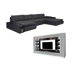 Vente-unique Ensemble Canapé D'angle Panoramique Convertible Et Réversible Noir E...