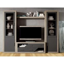 Pegane Ensemble De Salon, Meuble TV + étagère Murale + Vitrine Coloris Chê...