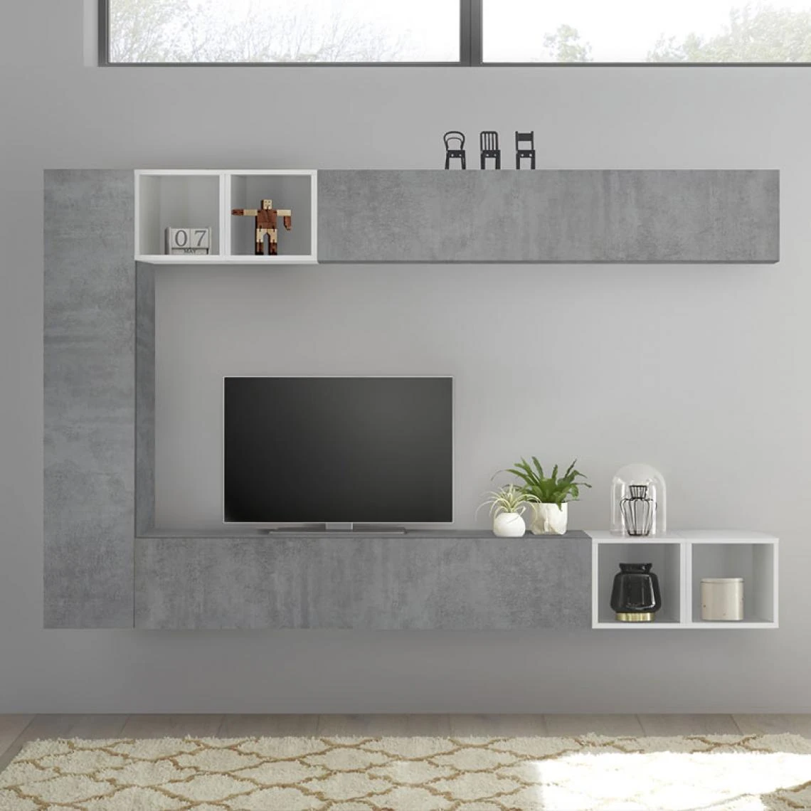 NOUVOMEUBLE Ensemble Mural TV Gris Effet Béton LIZZANO 4 NOUVOMEUBLE Ensemble Mural TV Gris Effet Béton LIZZANO – Image 2