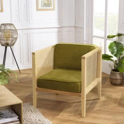 MACABANE Fauteuil Cannage Assise Amovible Velours Vert -Vente-unique shop fauteuil cannage assise amovible velours vert 3357752 6183230 30 1140x1140