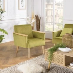 MACABANE Fauteuil Velours Vert Clair Pieds Et Accoudoirs Bois