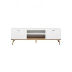 BUT Meuble TV Blanc Design Scandinave Avec 2 Portes à Compartiments Ouver...