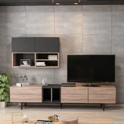 HOMEMANIA Meuble TV Diany Modulaire Moderne, Bibliothèque - Avec Port... -Vente-unique shop homemania meuble tv diany modulaire moderne bibliotheque avec portes etageres tablettes par salotto noir bois en bois 195 x 37 x 45 cm 7407860 18644452 1200x1200