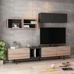 HOMEMANIA Meuble TV Diany Modulaire Moderne, Bibliothèque - Avec Port... -Vente-unique shop homemania meuble tv diany modulaire moderne bibliotheque avec portes etageres tablettes par salotto noir bois en bois 195 x 37 x 45 cm 7407860 18644456 1200x1200