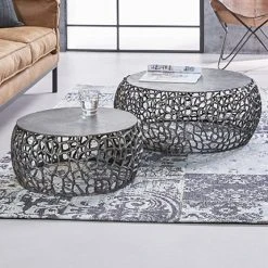 MES Lot De 2 Tables Basses Rondes 75 Et 55 Cm En Métal Gris Foncé