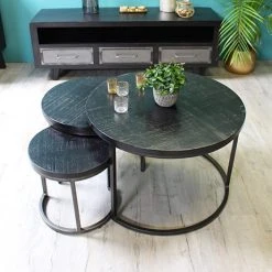 MES Lot De 3 Tables Rondes En Manguier Et Métal Noir Vieilli - GUSTAF