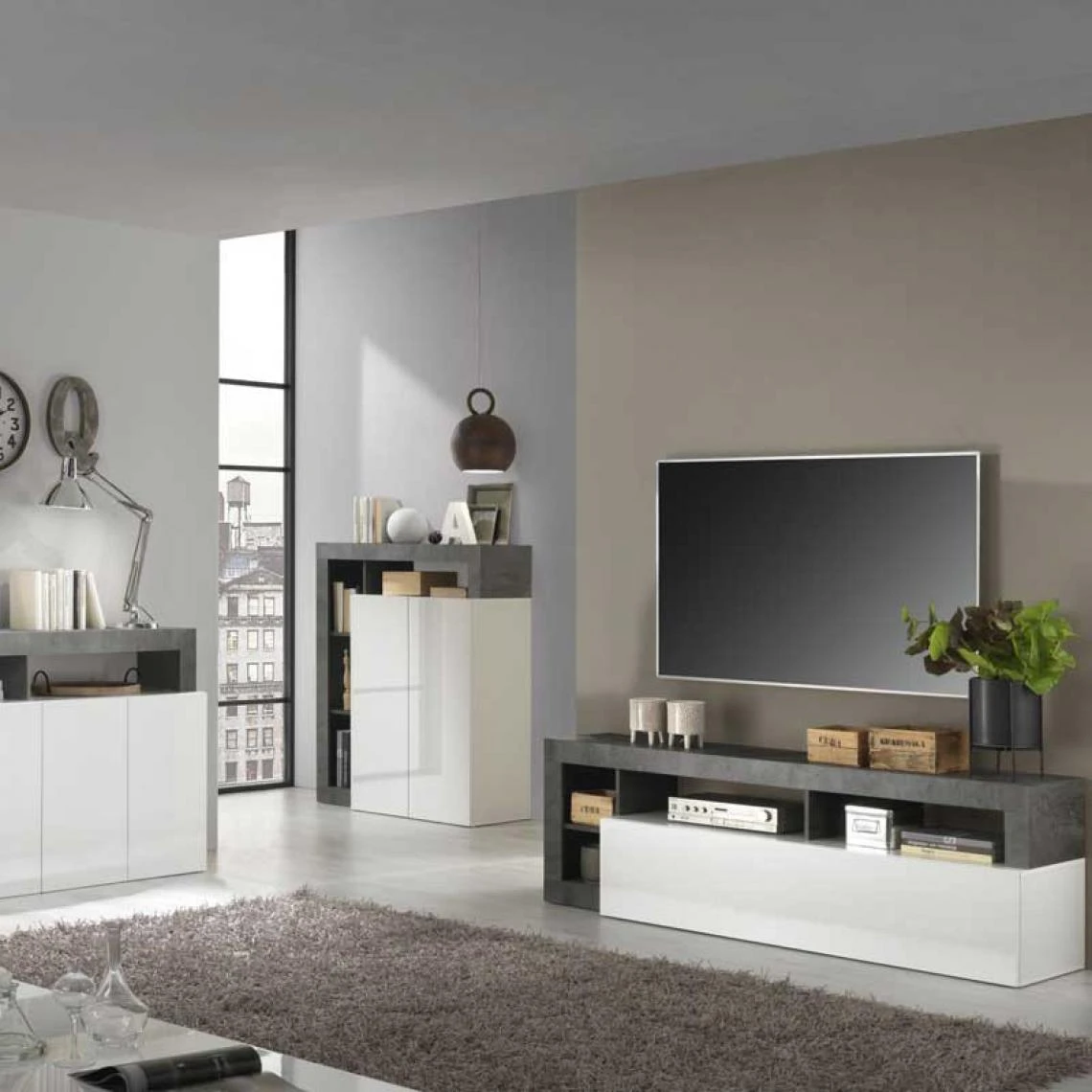 Tousmesmeubles Meuble TV 1 Abattant 2 Niches Blanc Laqué Brillant/Béton Ciré Fonc?... 4 Tousmesmeubles Meuble TV 1 Abattant 2 Niches Blanc Laqué Brillant/Béton Ciré Fonc?... – Image 2