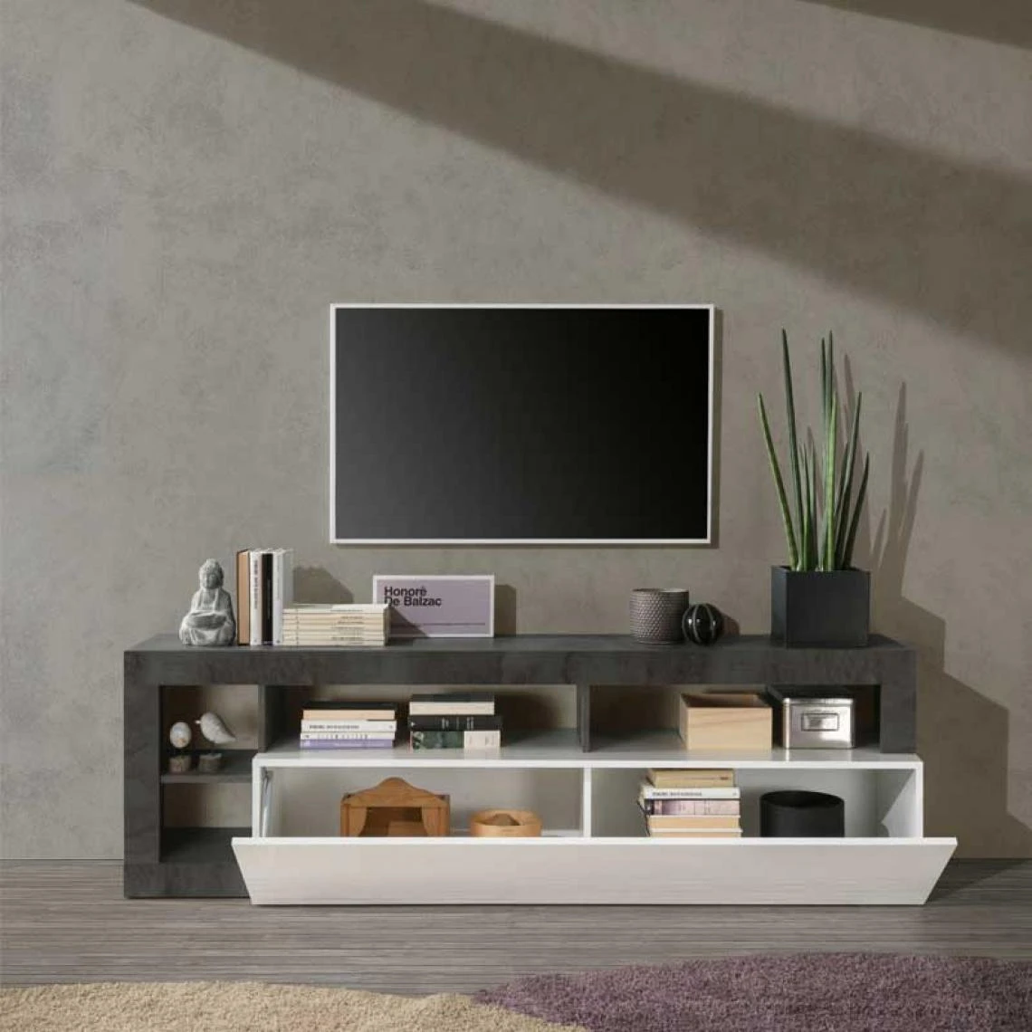 Tousmesmeubles Meuble TV 1 Abattant 2 Niches Blanc Laqué Brillant/Béton Ciré Fonc?... 5 Tousmesmeubles Meuble TV 1 Abattant 2 Niches Blanc Laqué Brillant/Béton Ciré Fonc?... – Image 3