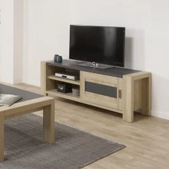 Tousmesmeubles Meuble TV 1 Porte Coulissante Chêne Blond/Gris - SIEM -Vente-unique shop meuble tv 1 porte coulissante chene blondgris siem 7408398 18646334 1200x1200