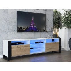 Dusine MEUBLE TV 200 CM LOVY LED BLANC MAT ET PORTE CHÊNE - STYLE INDUSTRIEL -Vente-unique shop meuble tv 200 cm lovy led porte chne et blanc mat style 12791926 1012870 70 1140x1140