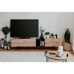 Topdeco Meuble TV NOLA -Vente-unique shop meuble tv 3 abattants decor chene et noir l 195 x p 37 x h 48 cm nola 10150748 26117362 1140x1140