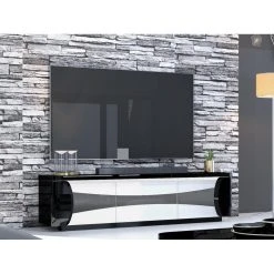 Vente-unique Meuble TV 3 Portes Avec LEDs - Blanc Et Noir Laqué - HAROUN